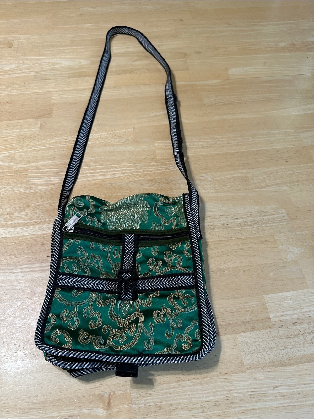 Green Brocade Crossbody Bag with Black Trim and Gold Embroidery